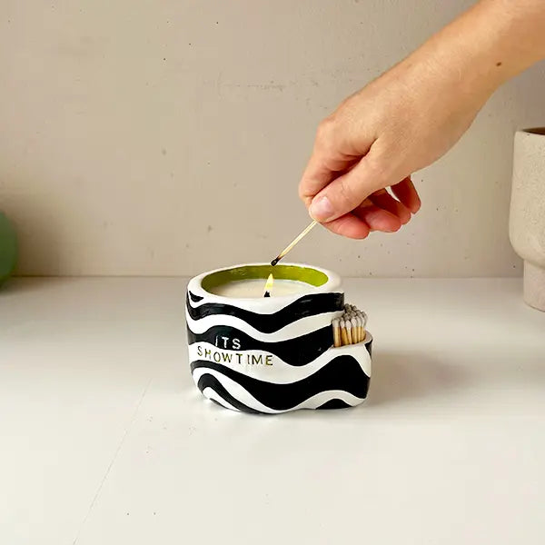 Black and white with It's showtime carving mug candle making Halloween creation