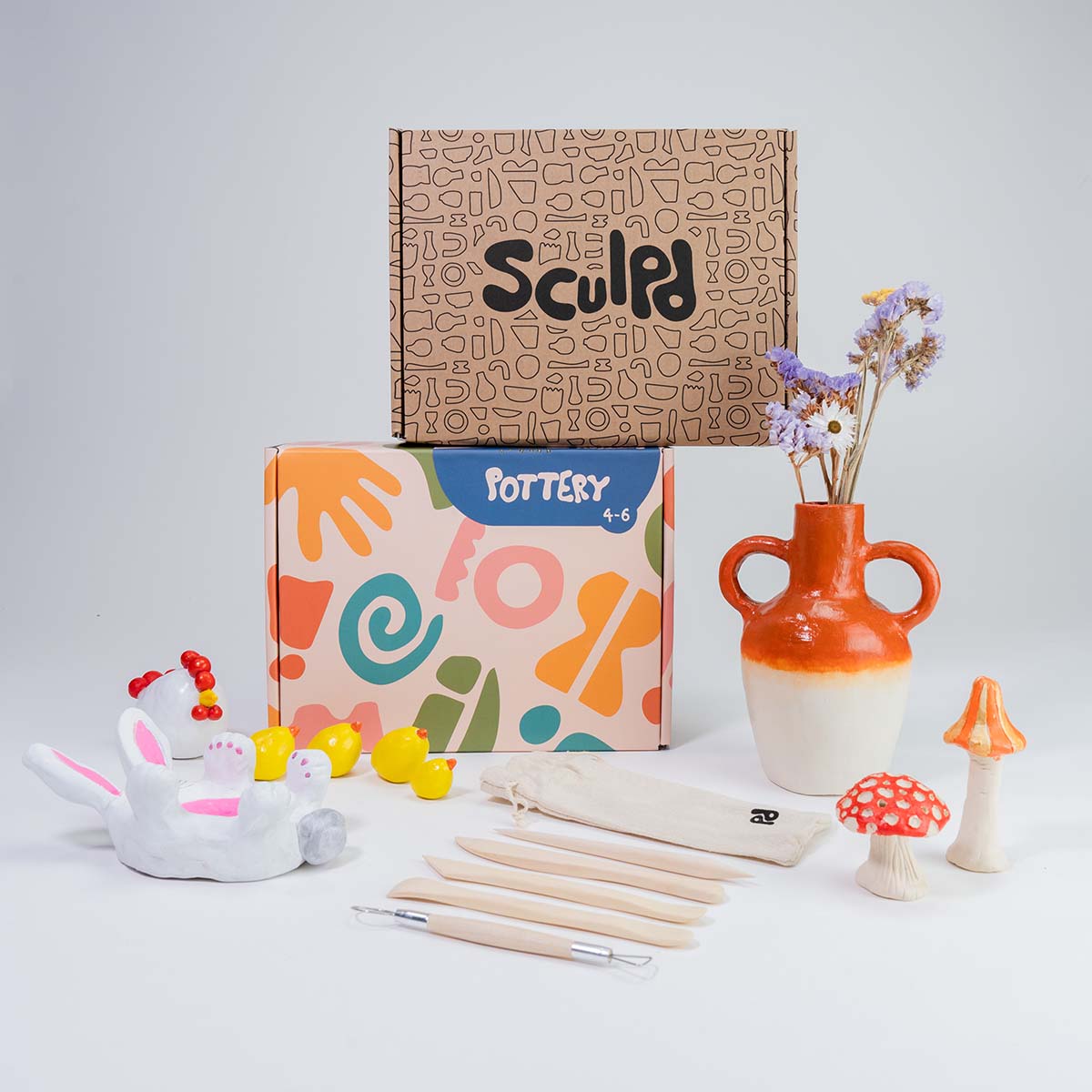 Sculpd Pottery Starter Kit for Beginners - Includes Matte Varnish, Tool  Set, Paintbrushes, and Step-by-Step Guide - Air Dry Clay Kit for Two Adults