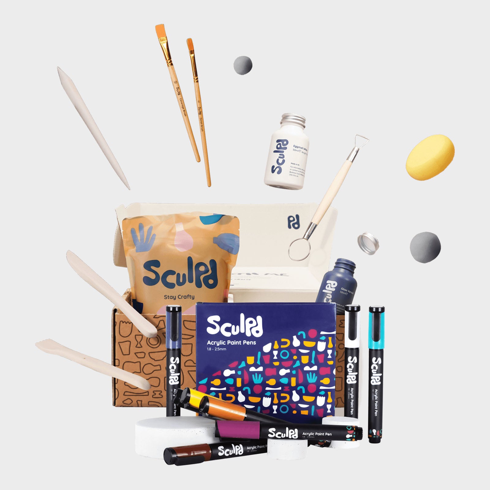 Sculpd Pottery Kit, Air Dry Clay Kit for Beginners with Jewel Paint Set,  Starter Bundles Includes a Pottery Tool Set, 8 Paints, Waterproof Varnish,  Paintbrushes, Sponge & 20 Piece Step-by-Step Guide 