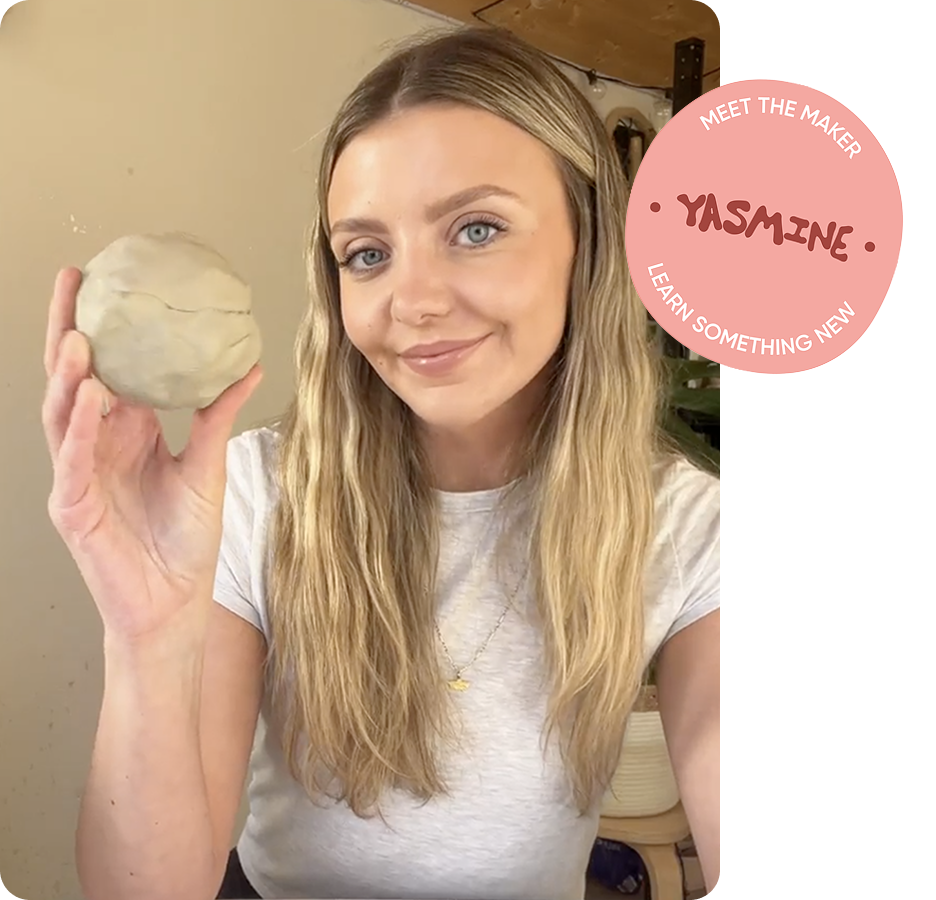 Woman holding a ball of Sculpd Air-Dry clay with a text overlay of ' Meet the Maker: Yasmine.'