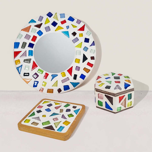 Sculpd Kids Mosaic Kit Mirror, Coaster and Trinket Dish finished and laid out on a table