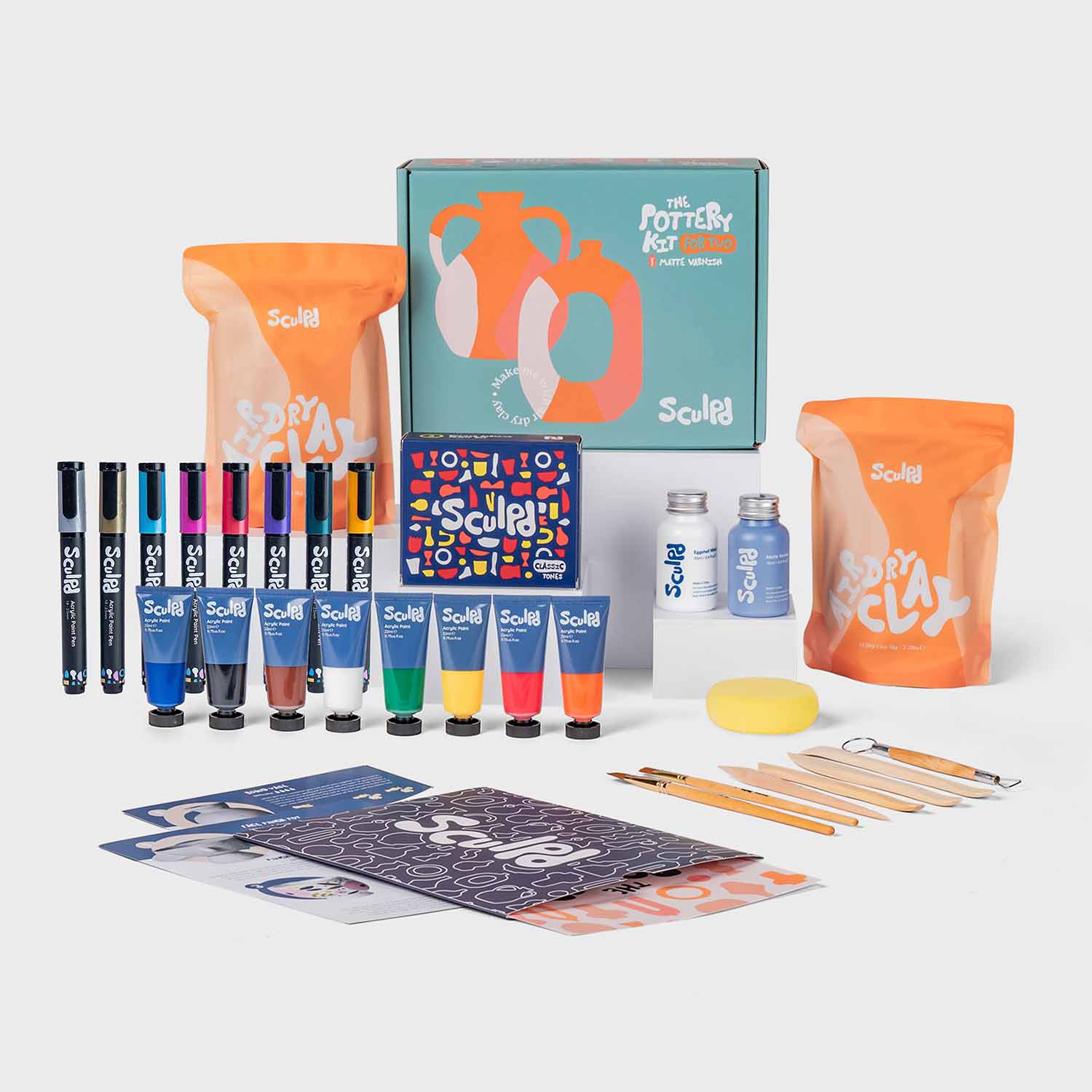 Sculpd Pottery Kit for Two with Classic Tones Paint Set and Metallic Pens