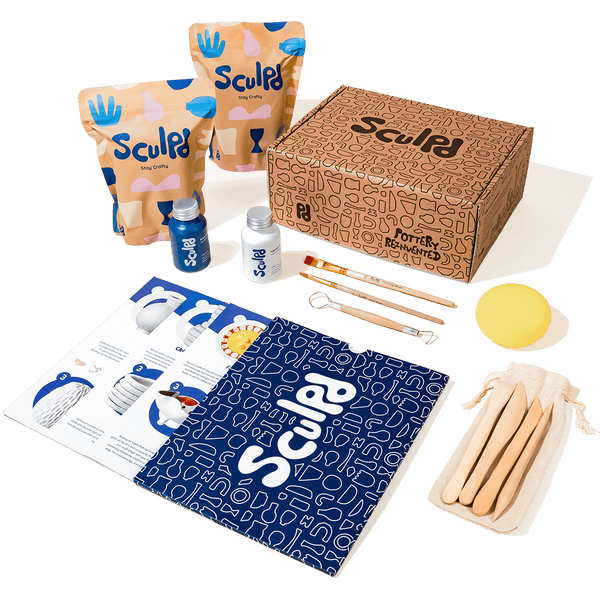 Sculpd Pottery Starter Kit - Air Dry Clay With Gloss Varnish, Tools, Paints  and Brushes for Beginners. Step-by-Step Guide Included.